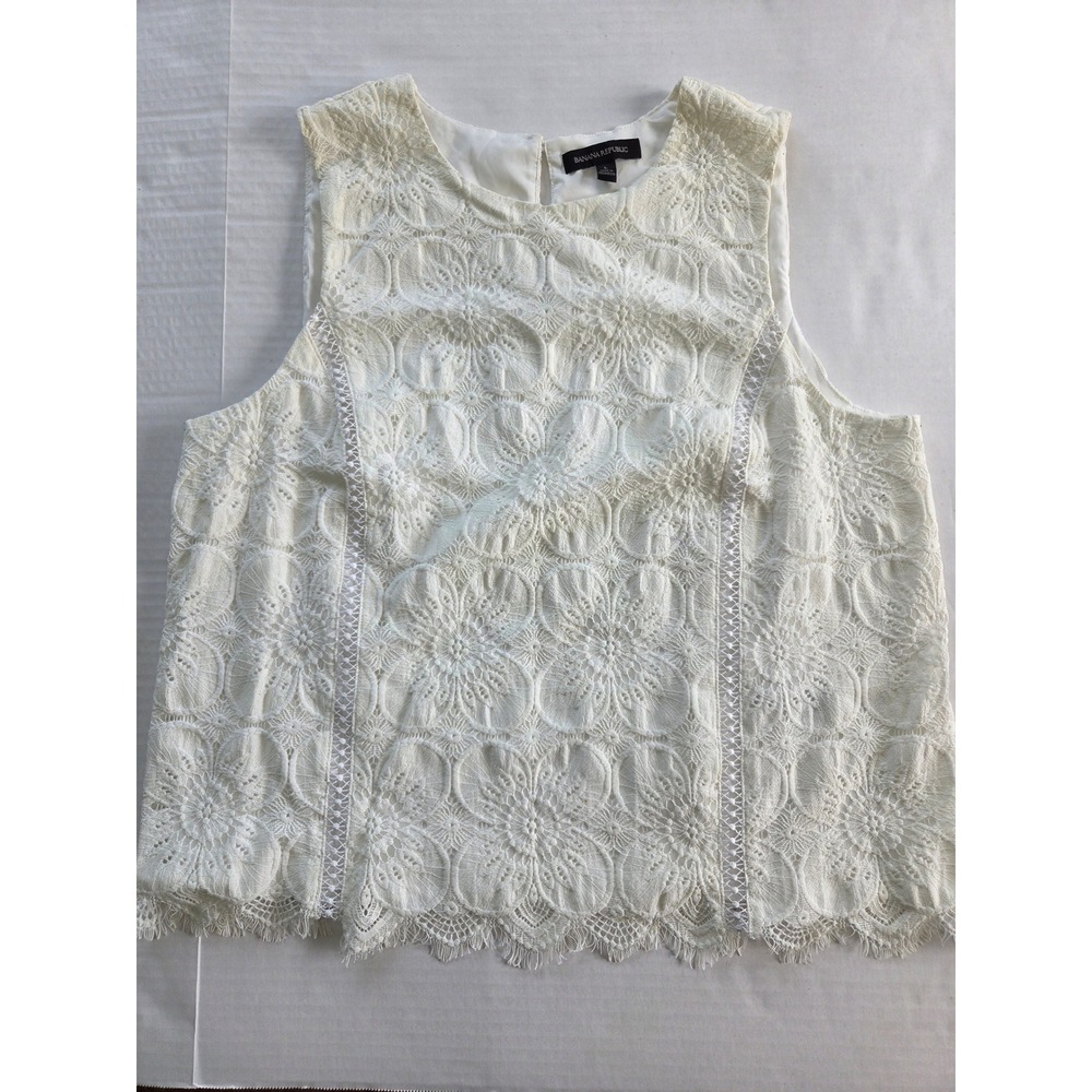 Banana Republic Lace Top Women Large White Sleeveless Floral Scallop Cottagecore
